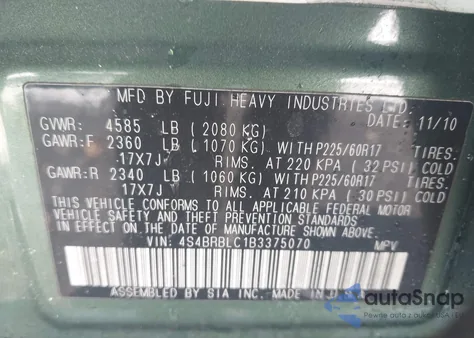 2011 Subaru Outback 2.5I Limited z USA, uszkodzony, nr VIN 4S4BRBLC1B3375070